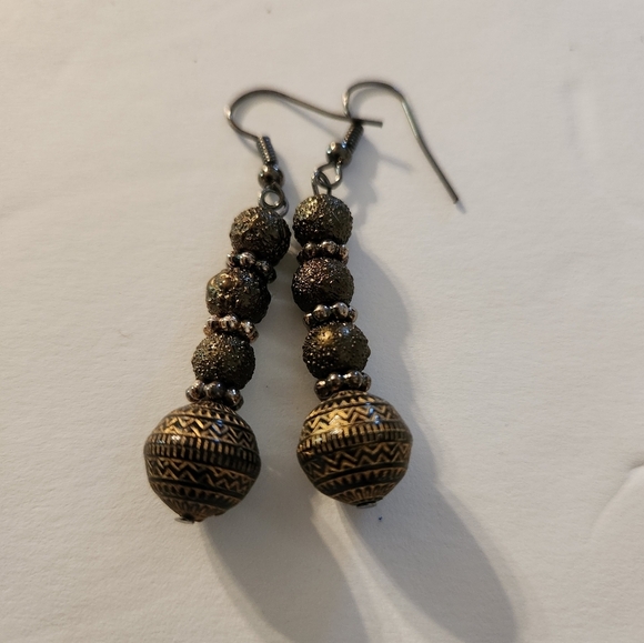 Hand Crafted Brown Gothic Pierced Earrings with Ornate Beads Dangle Drop - Picture 5 of 5